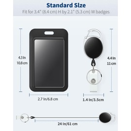 Uniclife 2 Pack Sliding Badge Holder Hard Black Vertical Plastic Card Case Protector with Retractable Badge Reel Carabiner for Office School ID Credit Proximity Key Card Driver’s License and Pass