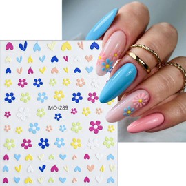 Flower Nail Art Stickers 5D Embossed Self Adhesive Nail Decals Spring Daisy Nail Design Summer Flower Petal Heart Nails Supplies Nail Sticker for Women Girl DIY Manicure Nail Decorations 3Shees