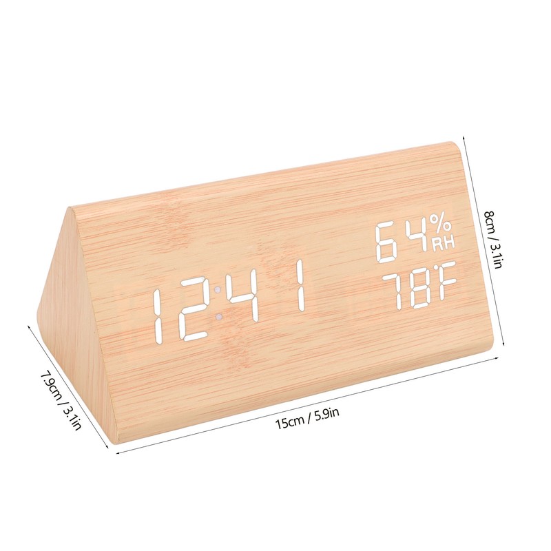 Triangular Digital Wooden Clock Time Date Temperature Humidity Display Alarm