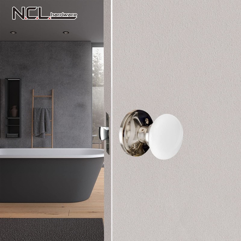 NCL White Door Knobs, Satin Nickel Keyless Door Handles, Porcelain