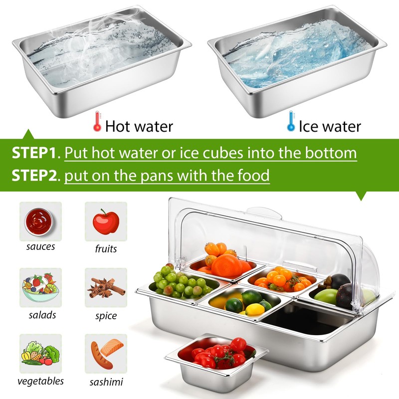 Ziliny 6 Pan Countertop Ice Food Serving Display Container Cooled