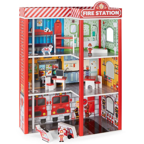 Best Choice Products 32in Kids 3-Story Pretend Wooden Fire Station Play Set Toy, w/Fire Truck, Helicopter, 12 Accessories, 5 Rooms