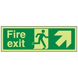 V Safety Glow In The Dark Fire Exit Arrow Up And Right Sign - 300mm x 100mm - Rigid Plastic