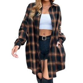 Bozanly Women's Oversized Button Down Long Plaid Flannel Shirts Lapel Long Sleeve Check Jacket Shacket(0501-Brown-XL)