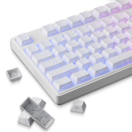 White Topographic PBT Keycaps,97 Key Caps Set Side Printed,No Tear & Fade Shine Through RGB Backlit Cherry Profile Keycaps (Ergonomic,Doubleshot) for 61/64/66/68/71/75/84/87 MX Mechanical Keyboards