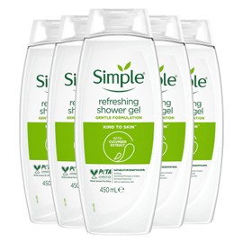 Simple Simple Kind to Skin Refreshing Shower Gel, Pack of 5, Body Wash with Cucumber Extracts and Pro-Vitamin B5 Dermatologically Tested for Sensitive Skin, 450 ml