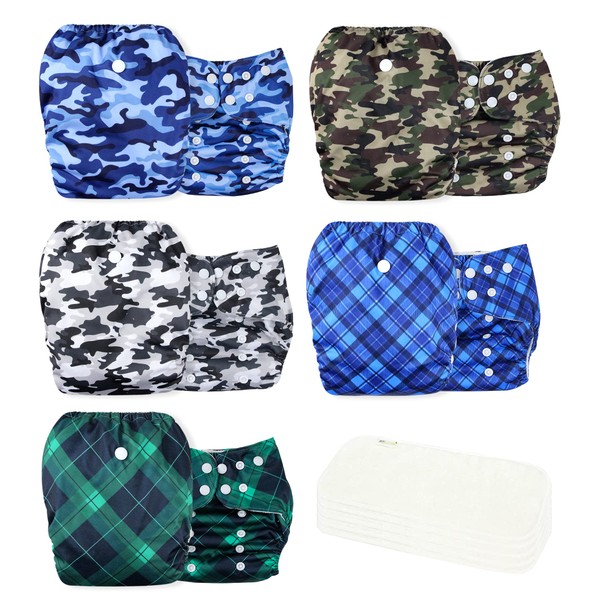 wegreeco Washable Reusable Baby Cloth Pocket Diapers 5 Pack + 5 Rayon Made from Bamboo Inserts (Camo & Plaid)