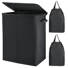 Voova 154L Double Laundry Hamper with Lid and 2 Removable Laundry Bags, Large Collapsible 2 Dividers Dirty Clothes Basket with Handles for Laundry Room, Bedroom, Bathroom, College Dorm, Black