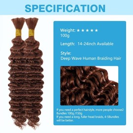 Brown Human Braiding Hair Deep Water Wave Bulk Human Hair 100g 22 Inch Color 30 Curly Human Hair for Boho Braids Hair Extensions No Weft 2 Braids Per Pack Wet and Wavy Human Hair Braiding Hair