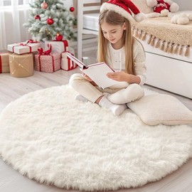 OLANLY Ivory Round Rugs for Bedroom - Machine Washable, 4x4 Feet Circle Area Rugs for Living Room, Soft and Fluffy Shaggy Carpet for Teen Girls and Boys, Dorms, Nursery Rooms, Home Decor Aesthetic | OLANLY