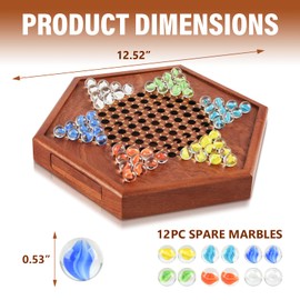 12.7 Inches Wooden Chinese Checkers Set with Storage Drawer -60 Glass Marbles in 6 Colors -12 Bonus Spare Marbles| Chinese Checkers Board Game for Kids and Adult