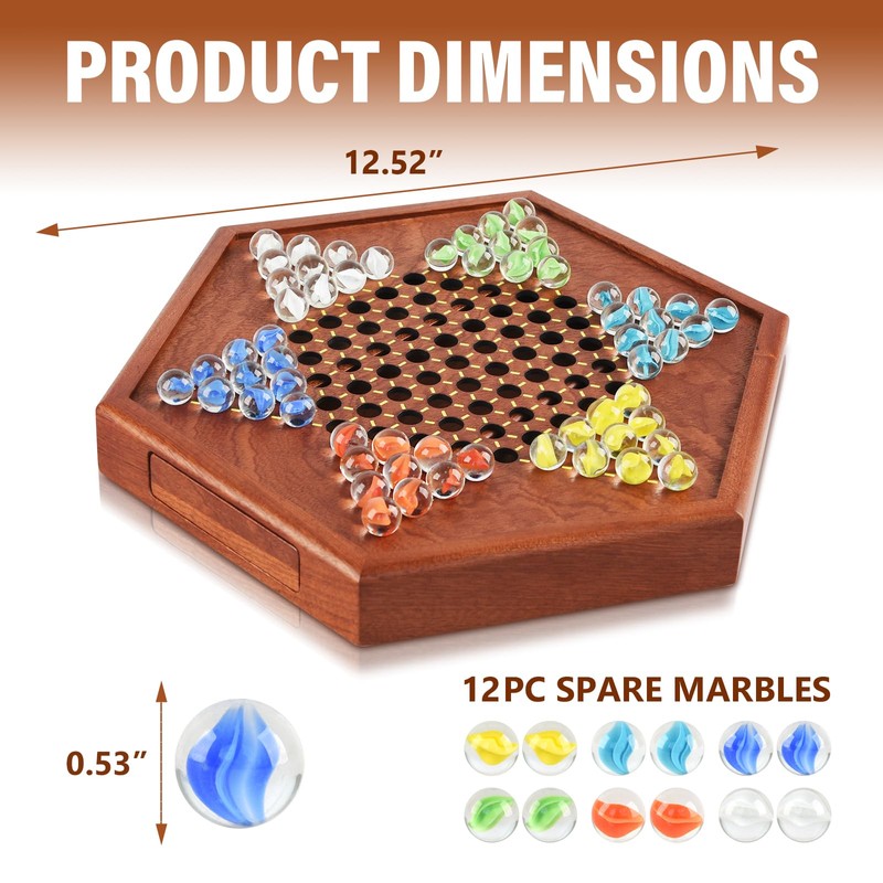 12.7 Inches Wooden Chinese Checkers Set with Storage Drawer -60