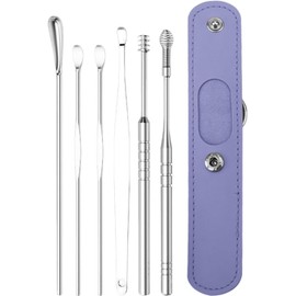 6Pcs Ear Pick Cleaning Kit Earwax Removal Kit,Stainless Steel Earwax Cleaner with Storage Bag, Professional Tool for Ear Cleaning, Reusable Ear Cleaner for Adults Earwax Removal Products (Purple)