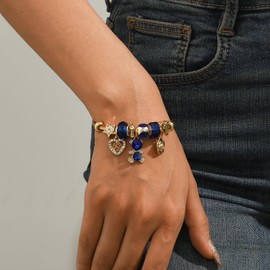 Hipunk Women Charm Friendship Bracelets - Stainless Steel Crystal Heart Star Flower Bear Cartoon Blue Beads Adjustable Bangle Bracelets Jewelry for Holiday Party Gifts SB0032Y