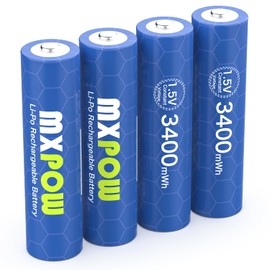 MXPOW AA Batteries Rechargeable Lithium,1.5V 3400mWh, 4 Pack 1500 Cycle, for Cordless Phones, Household, Home Security, Remote Controls, Electronics