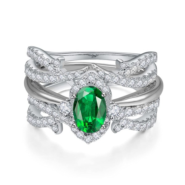 Yaresul Women's Sterling Silver Inlaid Created Emerald Fashion Set Ring