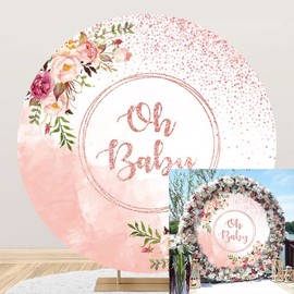 OERJU Rose Gold Oh Baby Round Backdrop Cover 6x6ft Pink Floral Flowers Girls Baby Shower Round Backdrop Girls Newborn Baby Shower Gender Reveal Party Circle Backdrop Cover Photo Shoot Props
