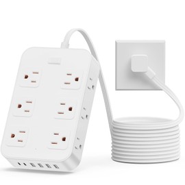 Solidock Power Strip Surge Protector 10 Ft Extension Cord with 12 AC Outlets 6 USB Ports Flat Plug 3-Sided Outlet Extender Home Office Kitchen Dorm Room Wall Desk Charging Station ETL Listed White