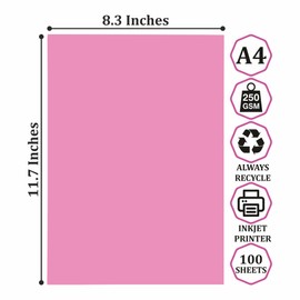 100 x Sheets A4 Premium Pastel Card Printer Craft Card 250gsm Multi-Purpose Paper Smooth & Crisp Bright Copier Paper Stationery Use for Home, Office (Pink)