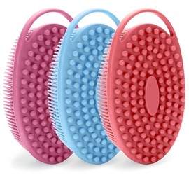 Silicone Body Scrubbers, Silicone Face Scrubber for Women & Shower Scrubber for Body, Large Flat Head Design with Handle - Blue, Purple & Watermelon Red