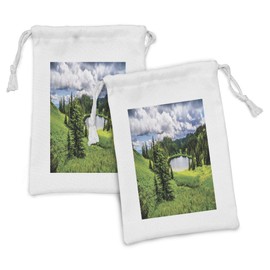 Ambesonne Dark Forest Fabric Pouch Set of 2, Real Life Photo of a Natural Setting Greenery Trees and a Lake Rural Setting, Small Drawstring Bag for Toiletries Masks and Favors, 9" x 6", Multicolor