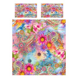 ANHOPE Watercolour Boho Paisley Flower Bed Linen Set Microfibre Duvet Covers with Zip 3-Piece Duvet Cover 135 x 200 cm + 2 Pillowcases 50 x 70 cm Soft All Year Duvet Cover Set