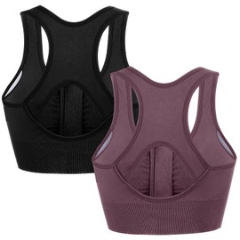 dowskwx 2 Pack Sports Bras for Women Zip Front Closure Yoga Bra Seamless Wirefree Padded High Impact Running Gym Workout Bras (Black Purple, XL)