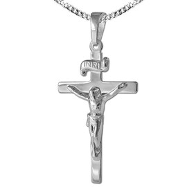 CLEVER SCHMUCK Set Silver Pendant Jesus Cross 25 mm with INRI Flat Shape Shiny with Curb Chain 45 cm Sterling Silver 925 in Jewellery Case, Sterling Silver, No Gemstone
