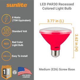 Sunlite 81470 LED PAR30 Short Neck Colored Recessed Light Bulb, 8 Watt (75W Equivalent), Medium (E26) Base, Floodlight, ETL Listed, Red, 1 Count