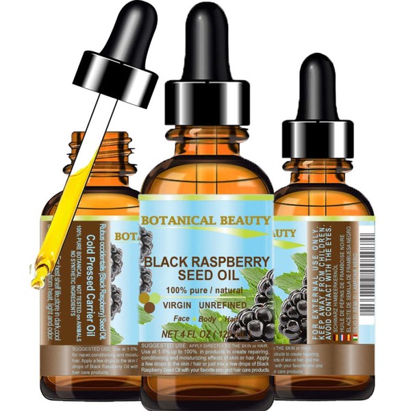 BLACK RASPBERRY SEED OIL. 100% Pure / Natural / Undiluted / Virgin / Unrefined / Cold Pressed Carrier oil. 4 Fl.oz.- 120 ml. For Skin, Hair, Lip and Nail Care. "One of the highest antioxidants, rich in vitamin A and E, Omega 3, 6 and 9 Essential Fatty Acids