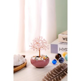 Top Plaza Rose Quartz Healing Crystal Tree Natural Gemstone Crystal Bonsai Trees Feng Shui Home Office Mini Sized Money Tree Decor Wealth Good Luck Housewarming Gifts