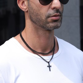 Zocomi Black Layered Cross Necklace for Boys Men Stainless Steel Cross Pendant Cuban Link Chain Religious Christian Gift