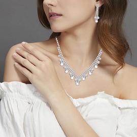 Uloveido Fashion Crystal Necklace and Stud Long Earrings Set, Rhinestone Bridal Bridesmaid Jewelry, with 7 Cards Y1663