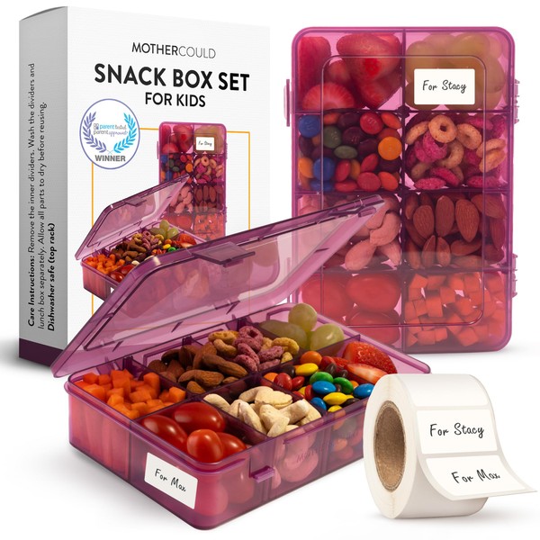 Snack Box Containers Set of 2-Reusable,100 Dissolvable Labels, 8 Adjustable