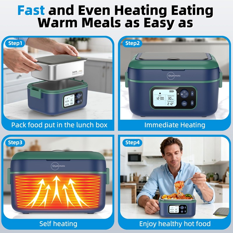 Qtyatvmoto Cordless Electric Lunch Box, 100W Rechargeable Heated Lunch Box