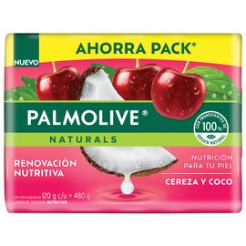 Jabón Nutritivo Palmolive Naturals, Renovación Nutritiva, Suavidad Natural, Cereza y Coco, 4 piezas de 120gr, total paquete 480g