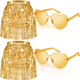 SATINIOR 2 Pcs Belly Dance Sequin Skirts Tassel Hip Scarf and 2 Pair Heart Shaped Sunglasses for Valentine Girl (Yellow, Dark Yellow),One Size