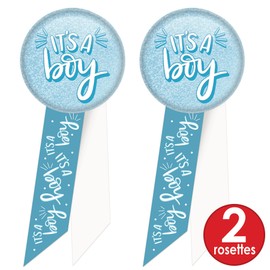 Beistle 2 Piece Wearable Rosettes It's A Boy Button Pins for Baby Shower Party Decorations and Favors, 5.5" x 2", Blue/White