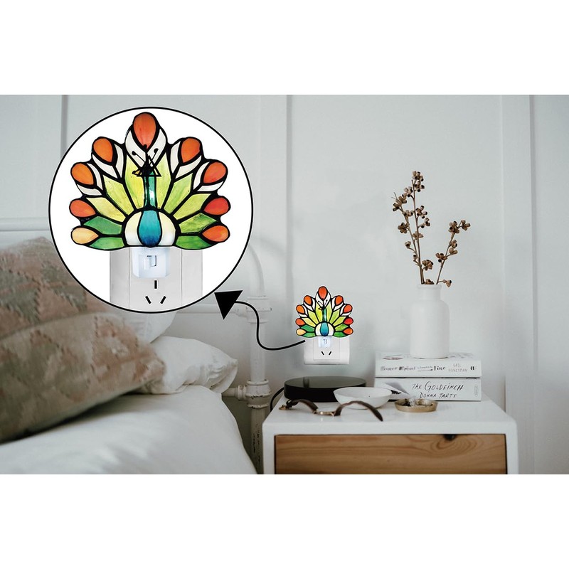WKINGDIY Tiffany Stained Glass Peacock Night Light WKD1003 (Green、Orange) Tiffany