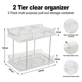 2 Tier Bathroom Storage Organizer with Dividers, Multi-Purpose Clear Under Sink Organizers and Storage Pull Out Cabinet Organizer for Bathroom Kitchen Pantry Storage (1PCS, 11inch)