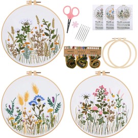 HAOCOO 3 Sets Embroidery Kit for Beginners, Cross Stitch Kits with Floral Pattern and Instructions, Full Range of Embroidery Cloth, Embroidery Hoops, Color Threads and Tool (Daisy)