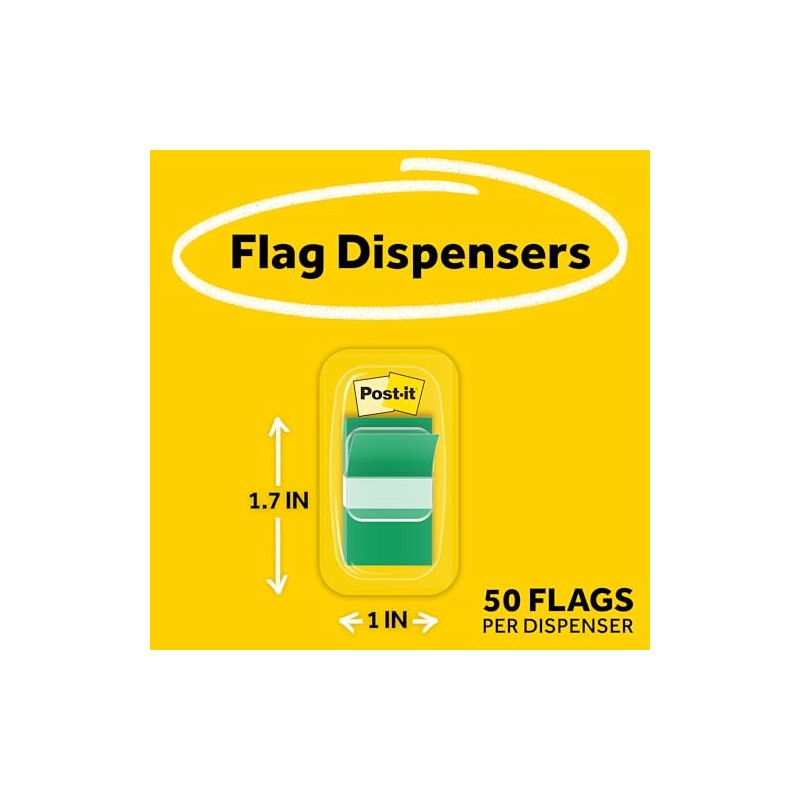 Post-it Flags, Green, 1-Inch Wide, 50/Dispenser, 2-Dispensers/Pack