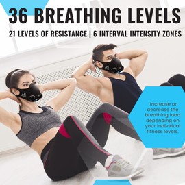 Training Mask - Workout Training Mask 2.0, Cardio Training Mask for Running, Cycling, and Exercise, 36 Levels of Resistance, Black Mask, Turn Flow Valve, Large
