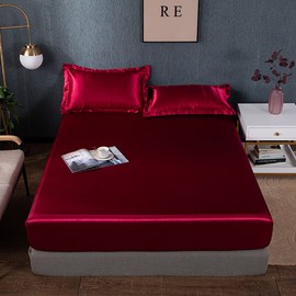 Nayoroom Spannbettlaken Satin 180x200cm Weinrot Seide Glanzsatin Glatt und Bequem Microfaser Spannbetttuch Bettlaken für Boxspringbett Topper Matratze bis 25 cm