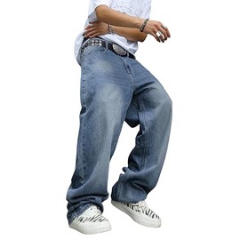 MZNBURAM Men's Y2K Hip Hop Baggy Jeans Loose Fit Wide Leg Denim Pants Casual Streetwear Trousers (38, A#Navy Blue)