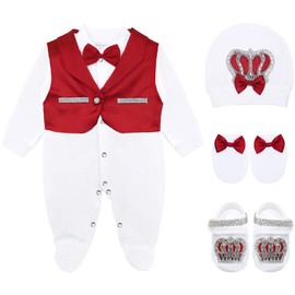 Lilax Baby Boy Jewels Crown Tuxedo Outfit Layette 5 Piece Gift Set 0-3 Months, Red, 0-3 Months