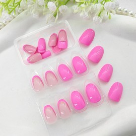 Rose Red Press on Nails Short Round False Nails Press ons with Golden Glitter-Lines Design French Tip Acrylic Fake Nails Cute Oval Glue on Nails for Girls 24Pcs