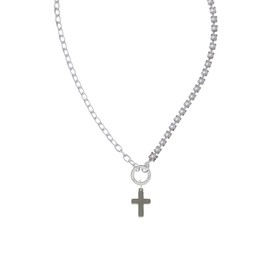 Delight Jewelry Stainless Steel 5/8" Cross - Stronger Braver Smarter Mixed Cable and Imitation Pearl Chain Choker Necklace, 14.75-17"