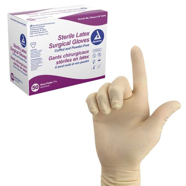Dynarex Sterile Disposable Latex Surgical Gloves, Powder-Free, Sterilely Packaged in Pairs, Professional Medical and Healthcare Use, Veterinary Clinic, Bisque, Size 7.5, 1 Box of 50 Pairs of Gloves