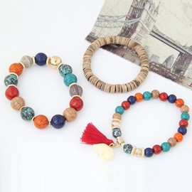 Pingyongchang Elephant Bead Stretch Bracelet Boho Multilayer Adjustable Wooden Bead Tassel Womens Strand Bracelet Bangle Charm Jewelry Set Best Friend Gift (red)